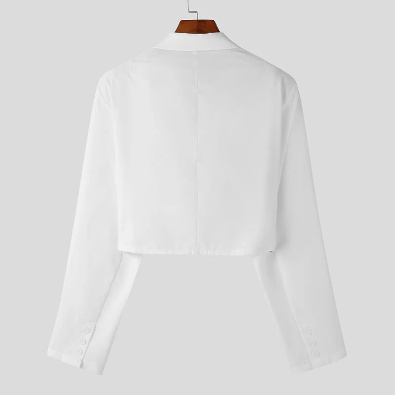 Men's Solid Color Lapel Crop Blazer | Sophisticated "Streetwear" Short Silhouette | Elegant One-Button Autumn Suit | "Dignified" Full Sleeve Fashion Coat for Radiant Versatile Styling Luxegan