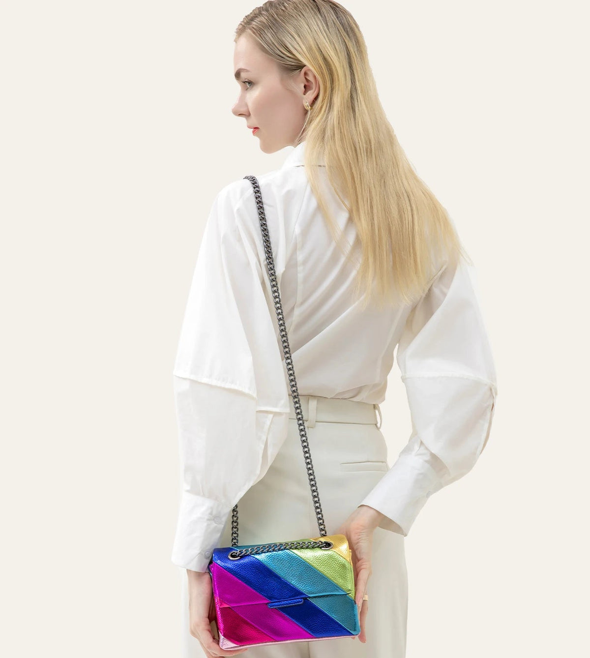 Women’s Metallic Rainbow Color Stripe Crossbody Bag | Fashion Vegan PU Leather Small Square Bag | Trendy Magnet Flap Cover Handbag with Metal Chain | Versatile Daily Shoulder Bag (Model CRP-2405042) Luxegan