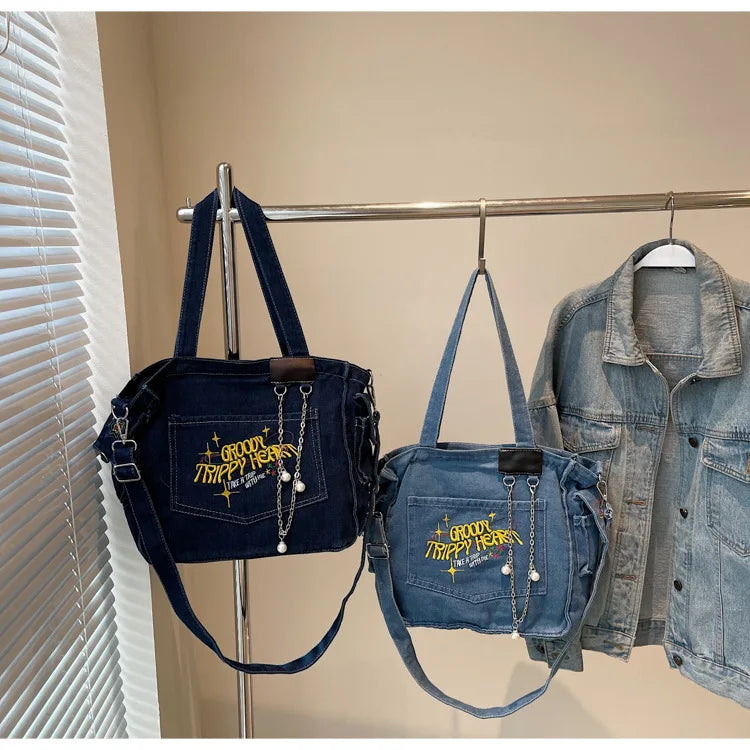 Large Capacity Denim Bag for Women | Casual Versatile Crossbody Commuting Bag | Travel Storage Bucket Handbag Luxegan