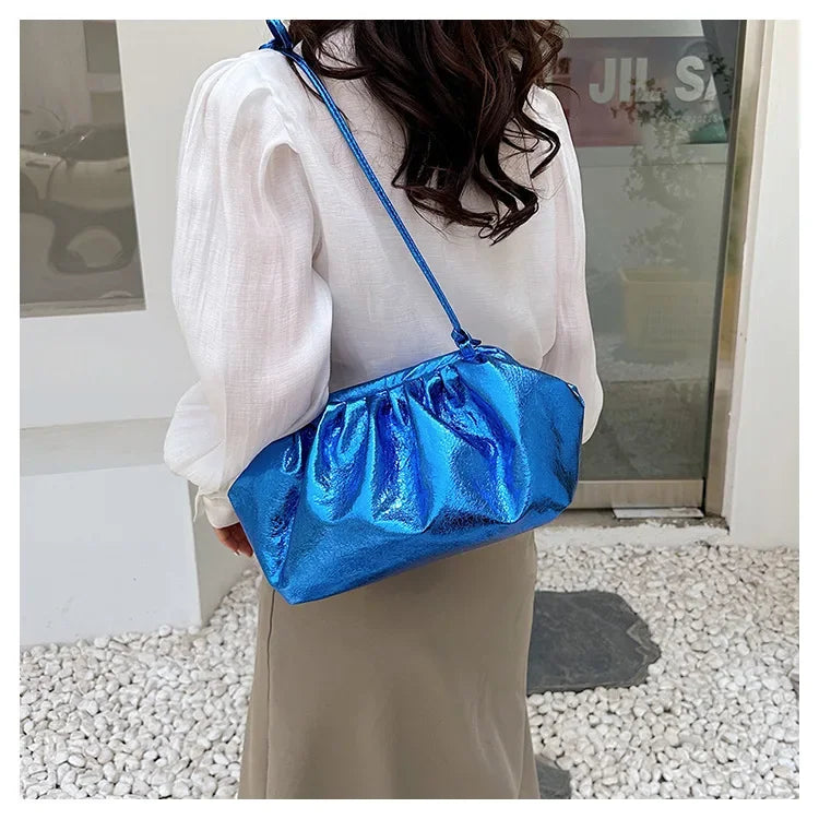Small Luxury Design Women's Leather Silver Cloud Bag | Gold Crossbody & Ladies Party Clutch Purse (Sequined, Ruched Handbag) Luxegan