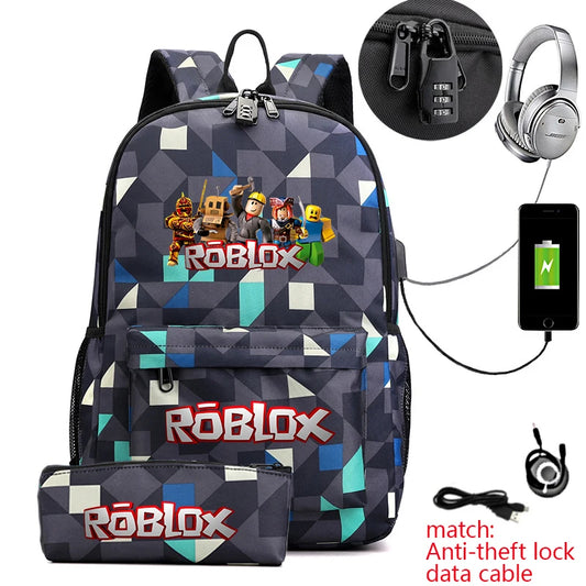 Kids Anti-Theft Roblox School Backpack | Sophisticated "Game Print" Silhouette | 2-Piece Bookbag and Matching Pencil Pouch Set | "Dignified" High-Performance Movie & TV Collection for Radiant Versatile Styling Luxegan