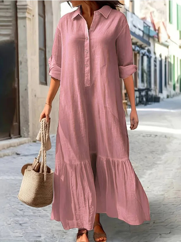 Women's Solid Cotton Hemp Casual Robe Dress | Shirt Collar Twisted Buckle Maxi Dress | Full-Sleeve Loose-Fit A-Line Spring Summer Streetwear Luxegan