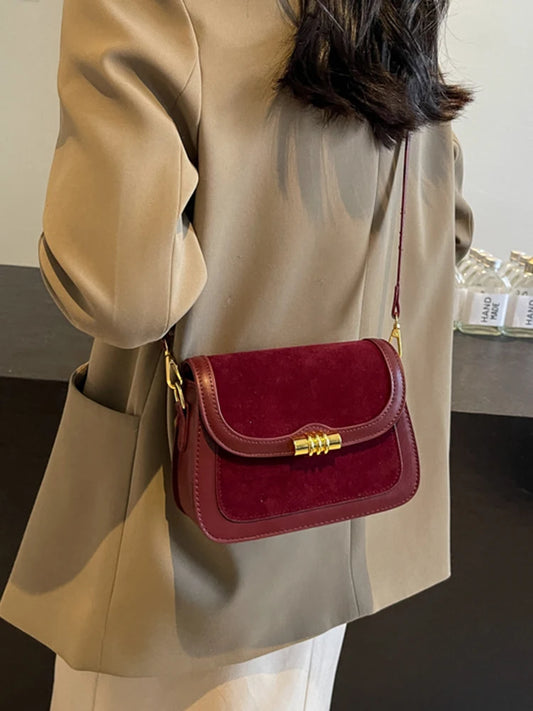 High-Quality Burgundy Retro Frosted PU Splicing Crossbody Bag Luxegan
