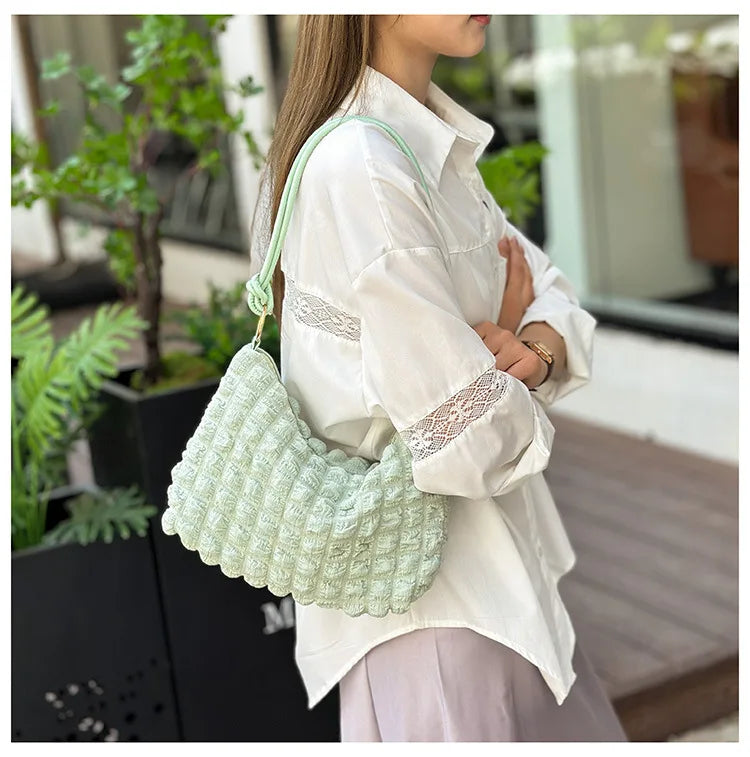 Canvas Wrinkle Bag for Women | Shoulder Bags & Pleated Bubbles Handbags (Padded Casual Underarm Quilted Tote Cloud Bag Purse) Luxegan