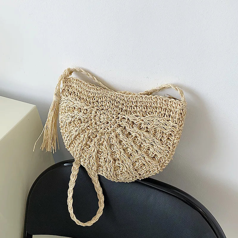 Fashion Semicircle Straw Woven Shoulder Bag | Sophisticated Handmade Rattan Crossbody | Elegant Ladies’ Summer Beach Handbag | Bohemian Saddle Bag with Tassel & Hollow-Out Design Luxegan