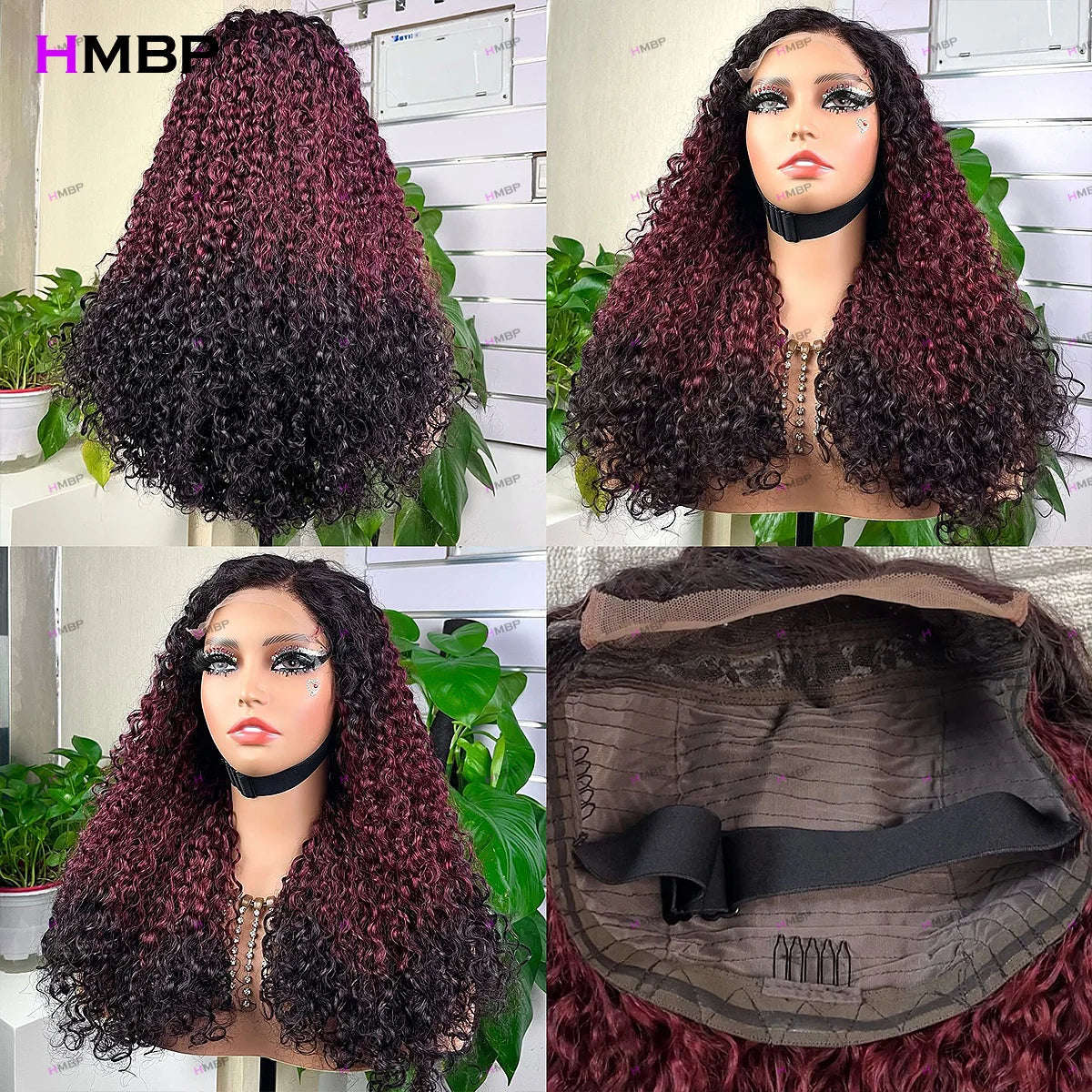 Ombre 99J Borgoña Sin Pegamento Pelucas de Cabello Humano Rizado Kinky 13x6 Hd Peluca Frontal de Encaje Cabello Humano para Llevar Pre-arrancado Pelucas Rizadas 34 Pulgadas