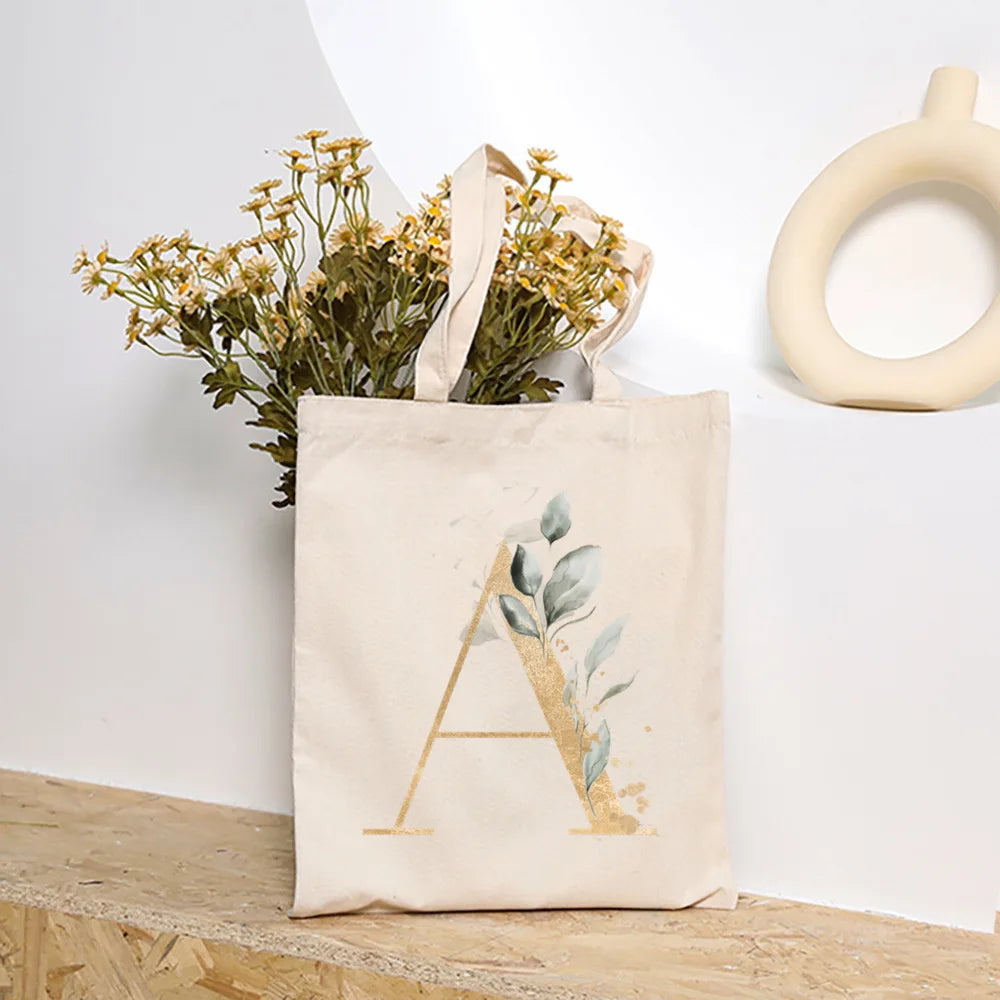 Leaves Plant Initial Print Canvas Tote Bag | Reusable Summer Beach & Shopping Handbag with Hasp Closure Luxegan