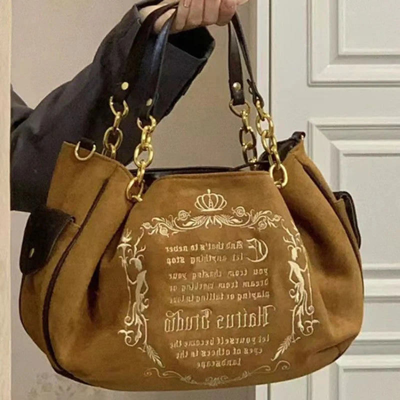 Y2K Pink Vintage Gothic Tote Bag | Aesthetic Grunge Large Capacity Travel Bag | Retro Ladies Embroidery Letter Shoulder Bag with Chain Strap | Fashionable Pink Cyber-Goth Handbag Luxegan