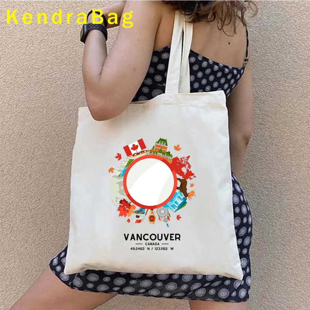 Canadian City Landscape Cotton Canvas Tote Bag | Happy Canada Day Tourist Gift | Reusable Eco-Friendly Shoulder Handbag (Women) Luxegan