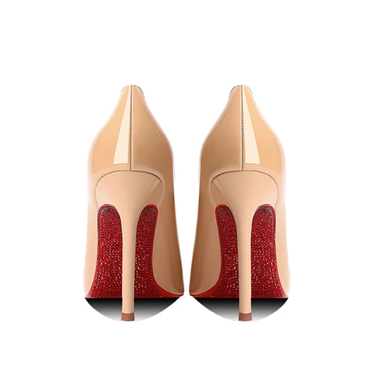 Luxury Brand Red Bottom Pumps | Sophisticated Rhinestone Pointed Toe Heels | Elegant "Super High" Stiletto Party Shoes | "Dignified" Patent Leather Prom Footwear for Radiant Versatile Styling Luxegan