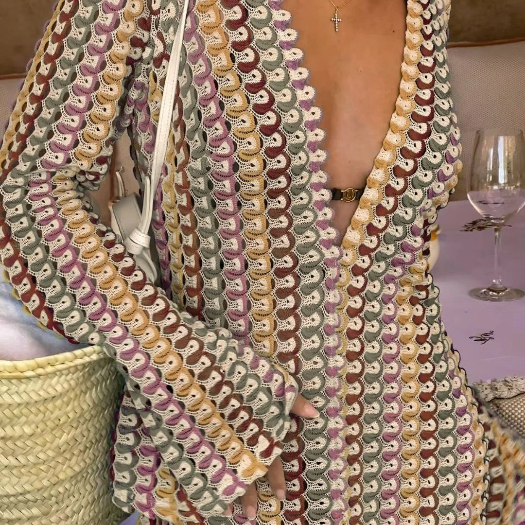 Crochet Hollow-Out Stripe Maxi Dress – Flare Sleeve, Deep V-Neck, Split Hem