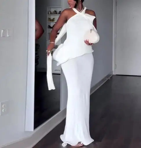 Halter Neck Backless Maxi Dress | Sleeveless Slim Fit Hip-Hugging Elegant Long Dress Luxegan