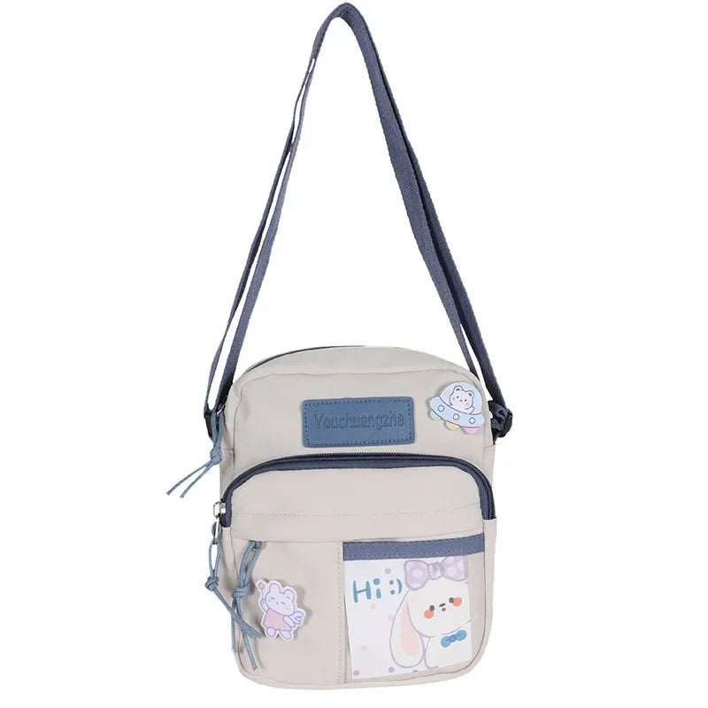 Cute Clear Kawaii Canvas Bag | Harajuku Cartoon Messenger Bag for Girls | Sophisticated Small Patchwork Shoulder Pouch | Fashion-Forward Nylon Cellphone Purse with Silt Pocket Luxegan