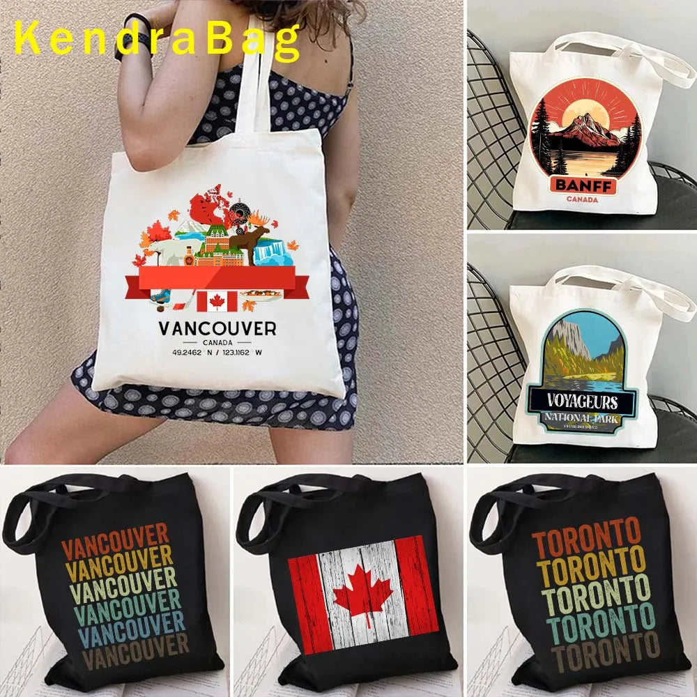 Canadian City Landscape Cotton Canvas Tote Bag | Happy Canada Day Tourist Gift | Reusable Eco-Friendly Shoulder Handbag (Women) Luxegan