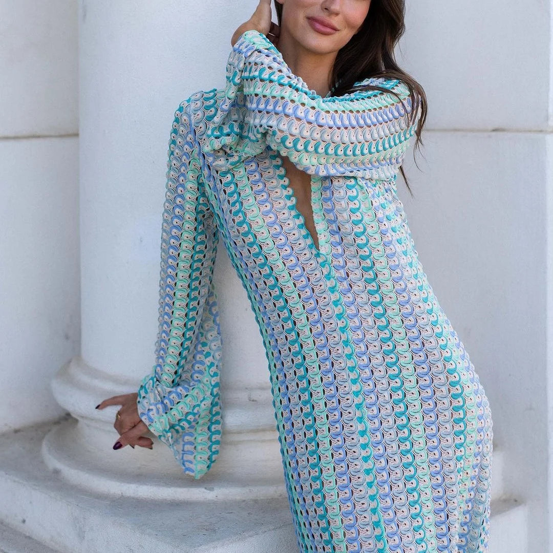 Crochet Hollow-Out Stripe Maxi Dress – Flare Sleeve, Deep V-Neck, Split Hem Luxegan