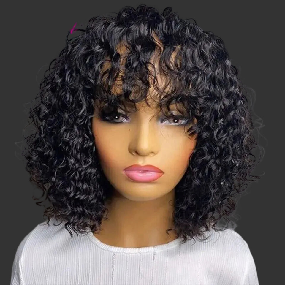 Short Curly Pixie Bob Human Hair Wig with Bangs | Glueless Full Machine-Made Water Wave Wig | 100% Brazilian Remy Human Hair Fringe Bob for Women (10-16 Inch, Natural Black) Luxegan