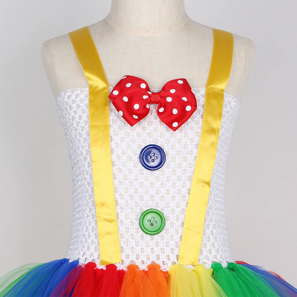 Funny Circus Clown Tutu Dress for Girls | Naughty Joker Cosplay Costume | Rainbow Patchwork Hand-Woven Carnival Party Ball Gown for Kids Luxegan