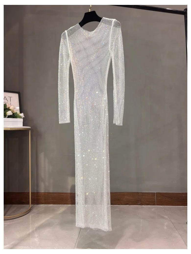 Long Sleeve Rhinestone Diamond Hollow-Out Sheath Maxi Dress | Sexy Club Glam Floor-Length Gown Luxegan