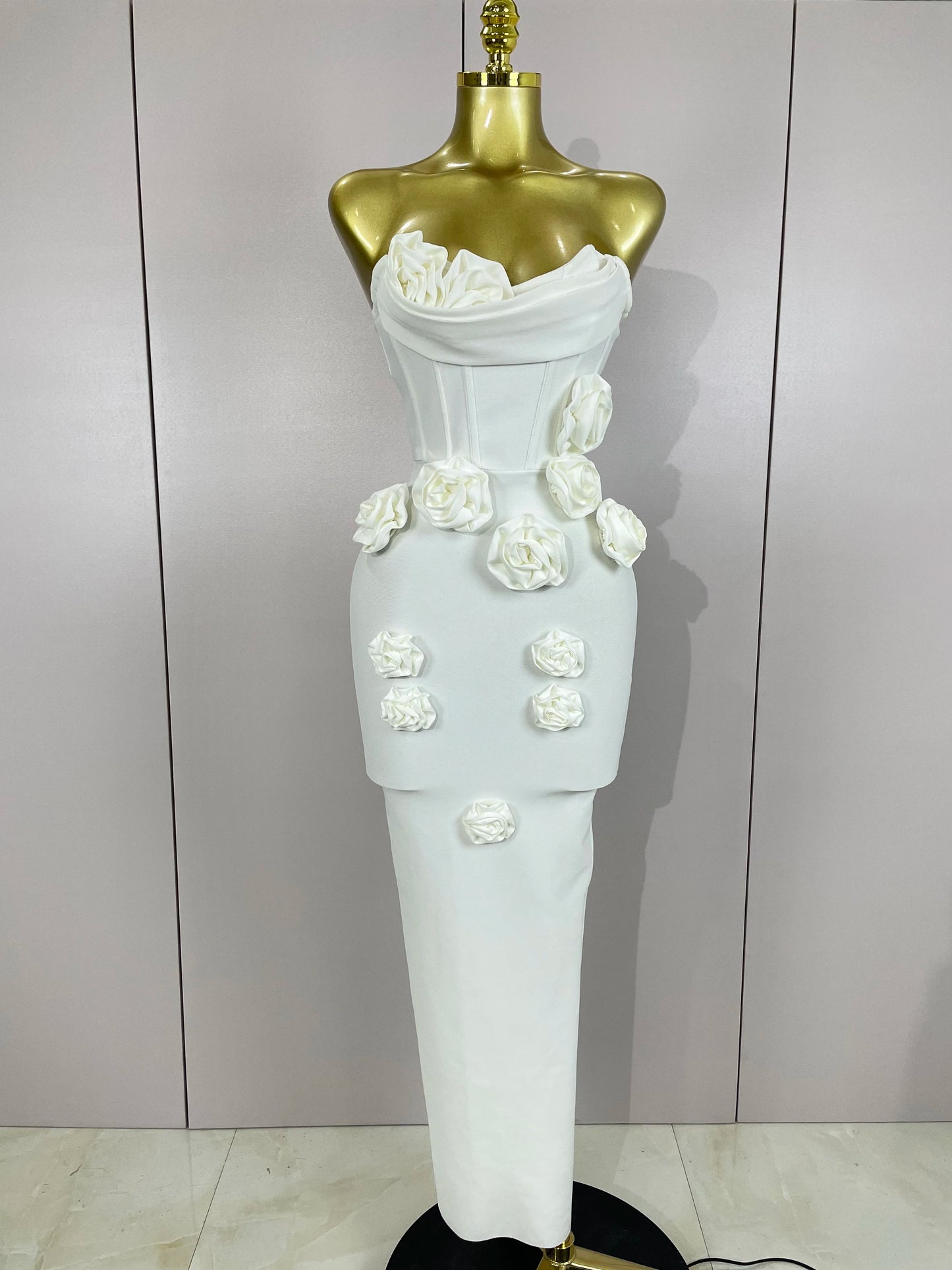 Sexy Fashion White Elegant Strapless Dress for Women | Flower Bodycon Long Dress | Premium Slight-Stretch Slim Fit Clubwear | Casual Streetwear Birthday Party Ankle-Length Straight Silhouette Gown Luxegan