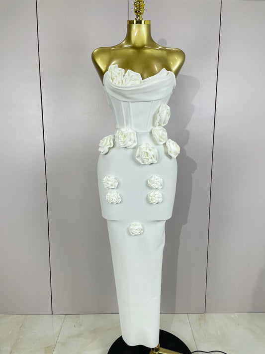 Sexy Fashion White Elegant Strapless Dress for Women | Flower Bodycon Long Dress | Premium Slight-Stretch Slim Fit Clubwear | Casual Streetwear Birthday Party Ankle-Length Straight Silhouette Gown Luxegan