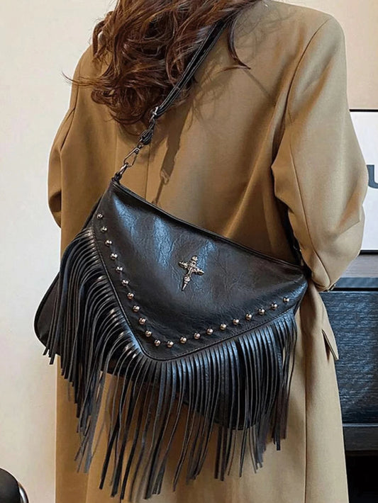 Bohemian Style Retro Leather Crossbody Bag | Tassel Studded Handbag Luxegan