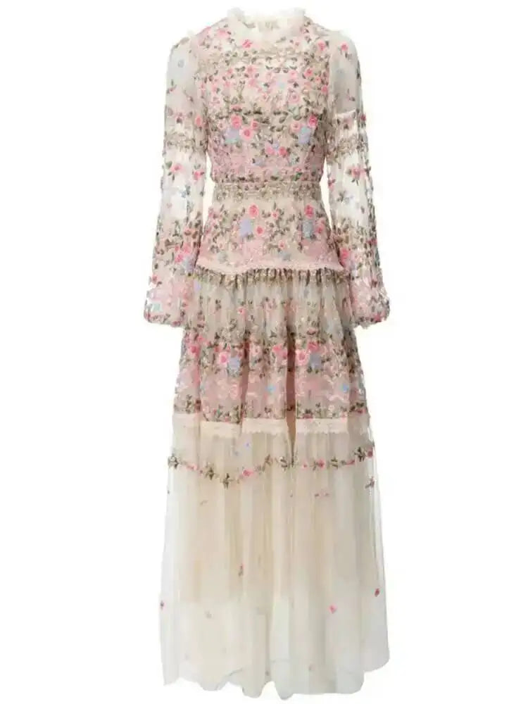 Mesh Embroidery Long Sleeve Maxi Dress | Fairycore Empire Waist Perspective Evening Gown Luxegan