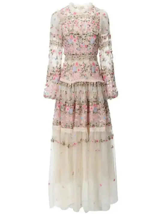 Mesh Embroidery Long Sleeve Maxi Dress | Fairycore Empire Waist Perspective Evening Gown Luxegan