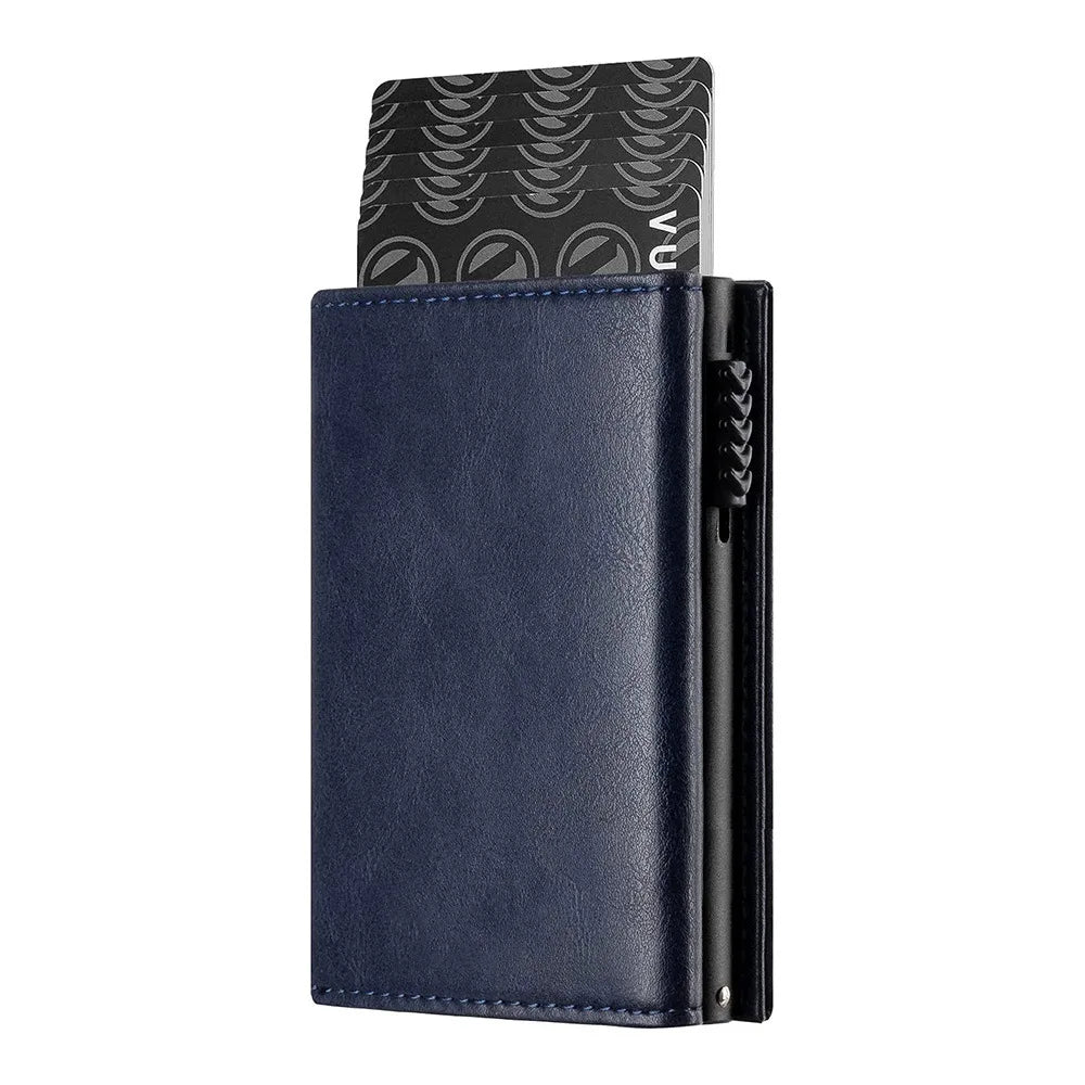 Men's Pop-Up Minimalist Card Holder Wallet | Premium RFID-Blocking Slim Metal Bank Card Case | PU Leather Pocket Organizer Wallet with Money Pocket & Coin Compartment Model 1688 Luxegan