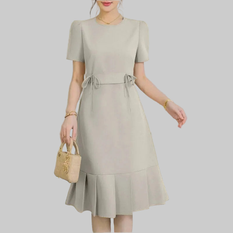 Solid Round Neck Short Puff Sleeve Regular Fit A-Line Knee-Length Dress – Natural Waist, Summer Luxegan
