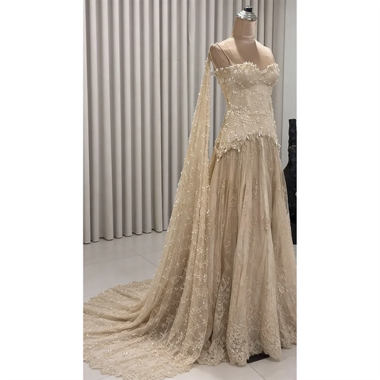 Women's Luxury Beaded Lace Evening Dress | Exquisite Sweetheart Neck Prom Gown | Elegant Crystal Sequined Tulle Floor-Length Dress | Premium Spaghetti Strap A-Line Robe with Built-in Bra Luxegan