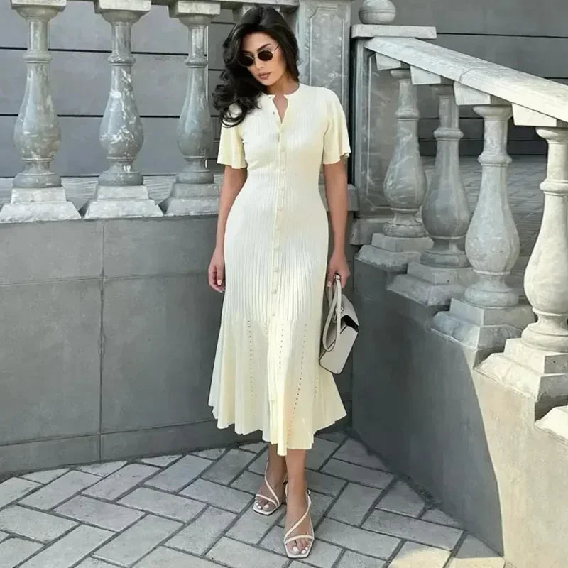Solid High Street O-Neck Short Sleeve Slim Sheath Ankle-Length Dress with Button Detailing – Knit Fabric, Empire Waist, Summer Luxegan