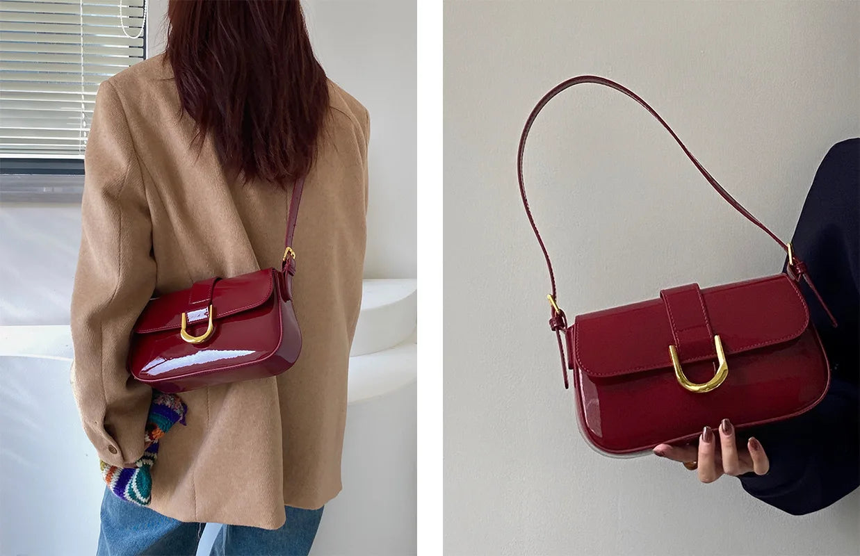 Retro Patent Leather Flap Crossbody | Solid Color Saddle Shoulder Bag Luxegan