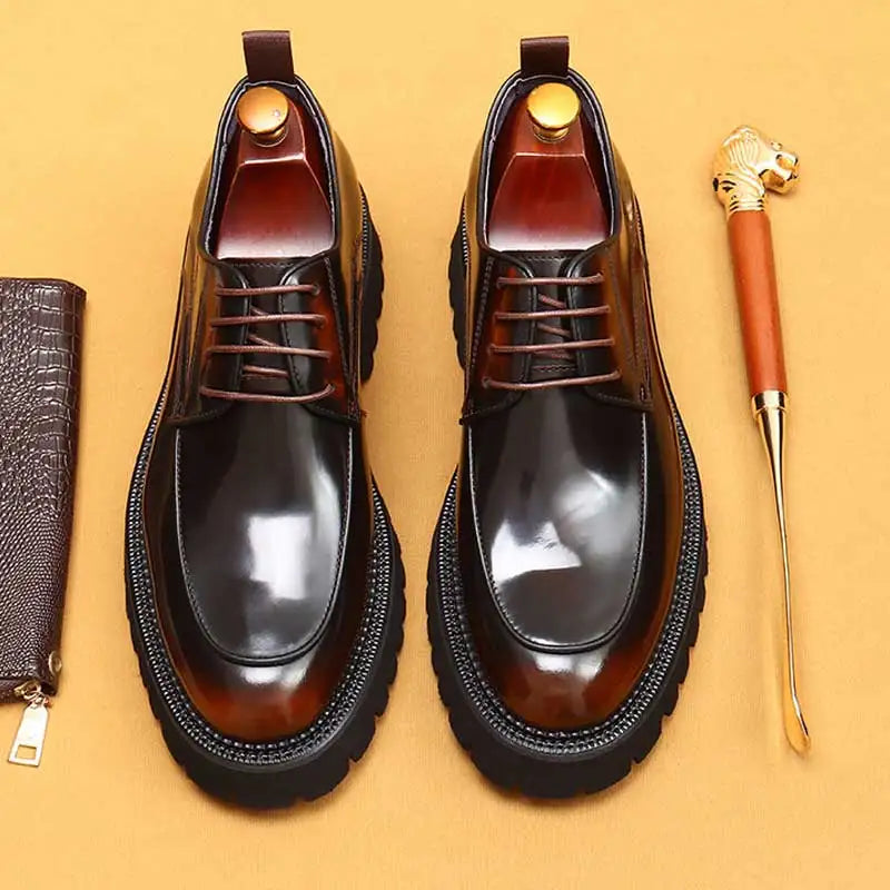 Designer Glossy Leather Derby Shoes | Sophisticated Thick-Sole Round-Toe Footwear | Elegant "Waxed Cowhide" Silhouette | "Dignified" British Style Lace-Up Shoes for Radiant Versatile Office & Career Styling Luxegan