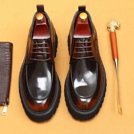 Designer Glossy Leather Derby Shoes | Sophisticated Thick-Sole Round-Toe Footwear | Elegant "Waxed Cowhide" Silhouette | "Dignified" British Style Lace-Up Shoes for Radiant Versatile Office & Career Styling Luxegan