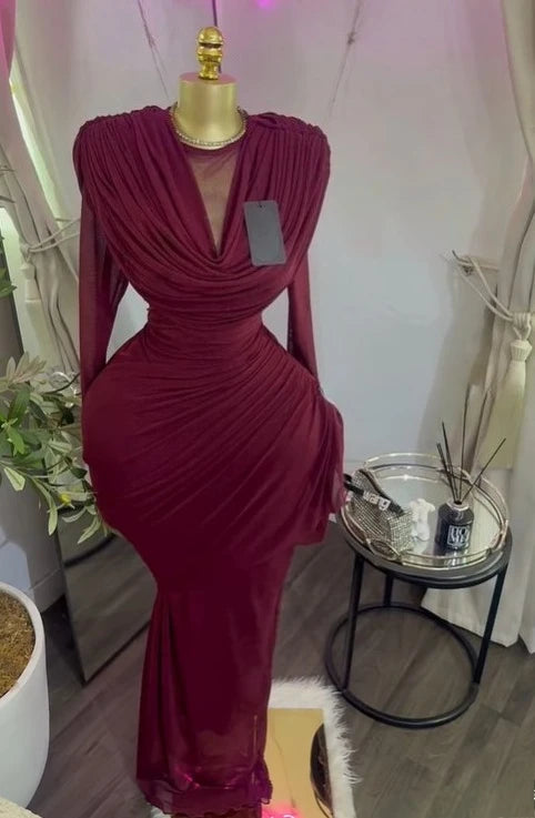 Ruched Mesh Maxi Dress – Long Sleeve, O-Neck, Floor-Length Party Dress Luxegan