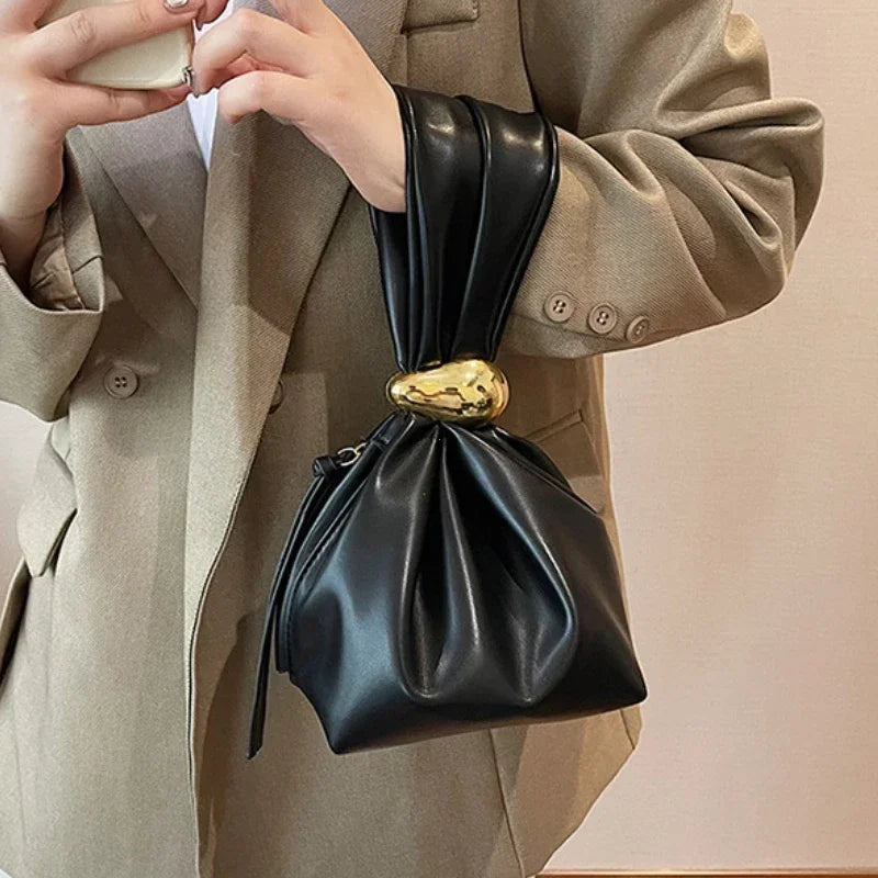 Personalized Soft Leather Clutch Bag | Sophisticated Luxury Designer Pleated Pouch | Elegant Mini Bucket Evening Bag | "Dignified" Soft PU Side-Zipper Purse for Versatile Party Styling Luxegan