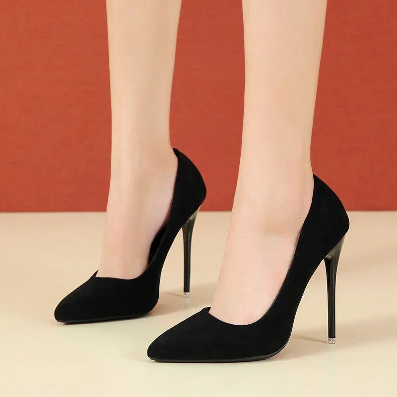 Concise Flock Stiletto Pumps | Sophisticated 11.5cm Pointed Toe High Heels | Elegant "Big Size" 35–45 Wedding Shoes | "Dignified" Classic Red & Gray Office Pumps for Radiant Versatile Styling Luxegan