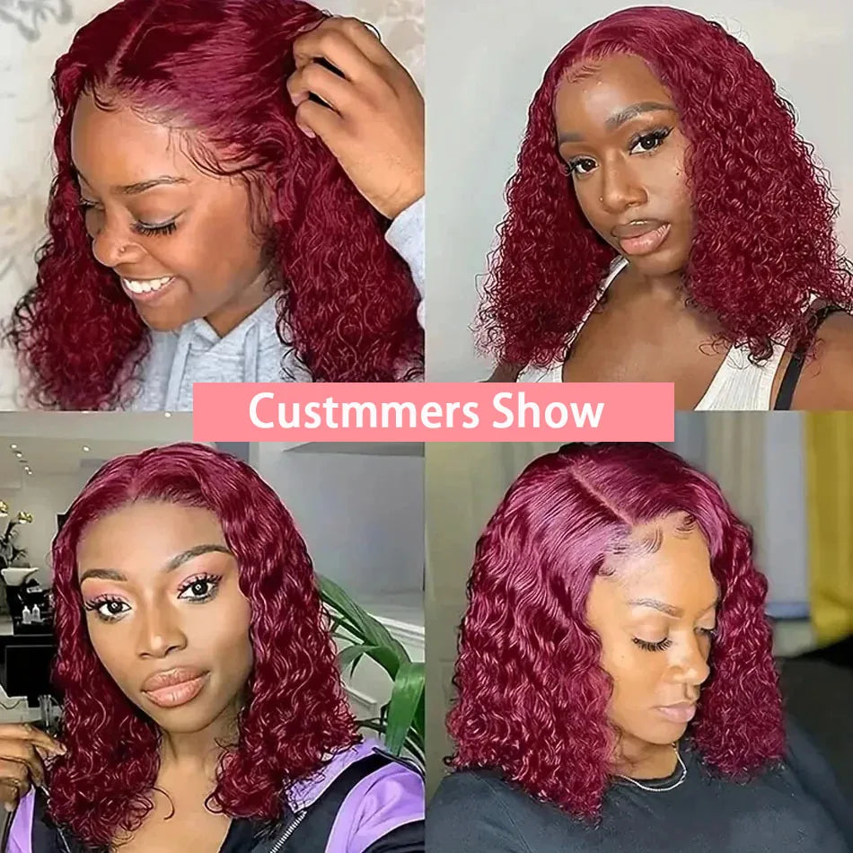 Burgundy 99J Deep Wave Short Bob Wig - 13x4 Transparent Lace Frontal Human Hair Wig - 200% Density Red Colored Water Wave Remy Human Hair Wig for Women (4-16 Inch) Luxegan