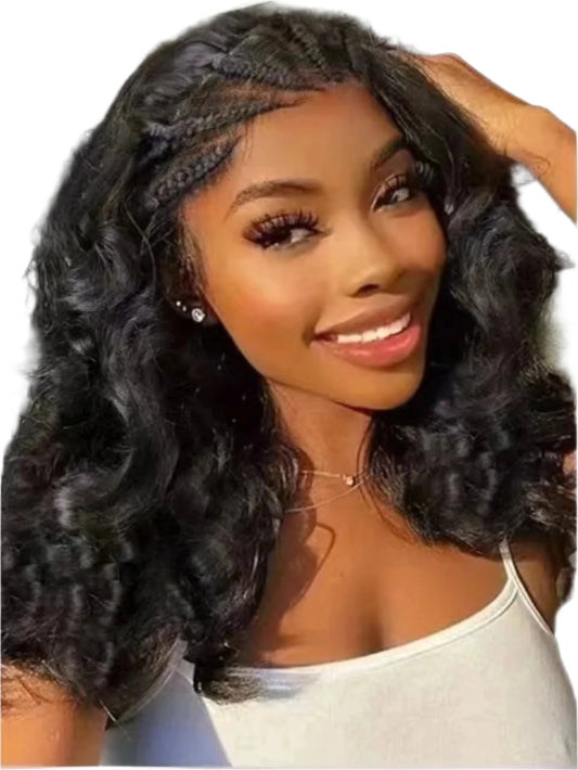 Natural Black Loose Wave Bob Remy Hair Wig with Braids