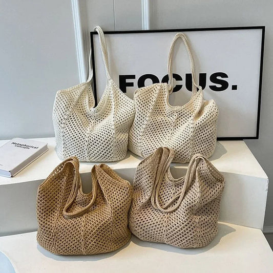 Women’s Solid Crochet Tote Handbag | Hollow Woven Summer Mesh Beach Bag | Large Capacity Aesthetic Knitting Hobo Bag | Casual Underarm Crochet Shoulder Bag Luxegan