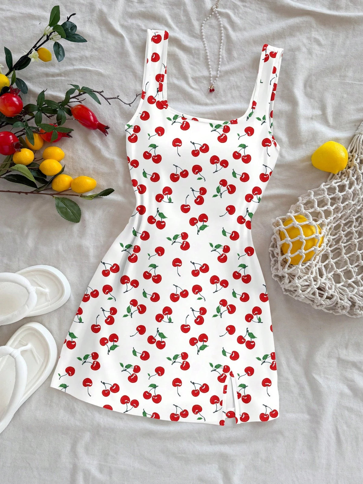 Cherry Print Square Neck Sleeveless Slim Fit Sheath Mini Dress – Spring/Summer Luxegan