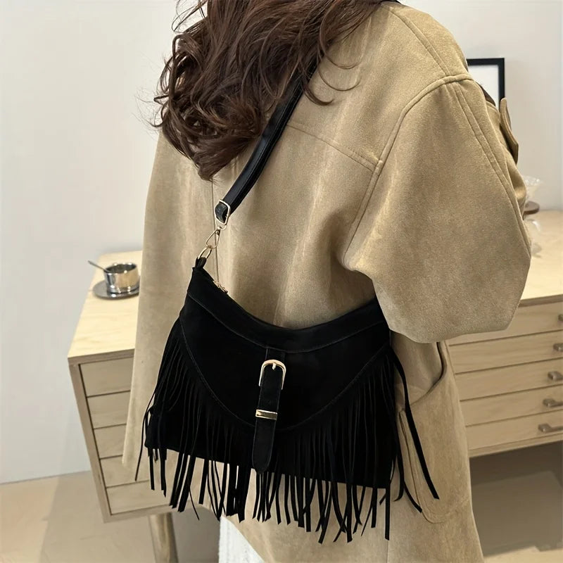 Women’s Vintage Faux Suede Messenger Bag | Western-Style Tassel Crossbody with Sequined Accents | Lightweight Fashion Satchel with Adjustable Detachable Strap Luxegan