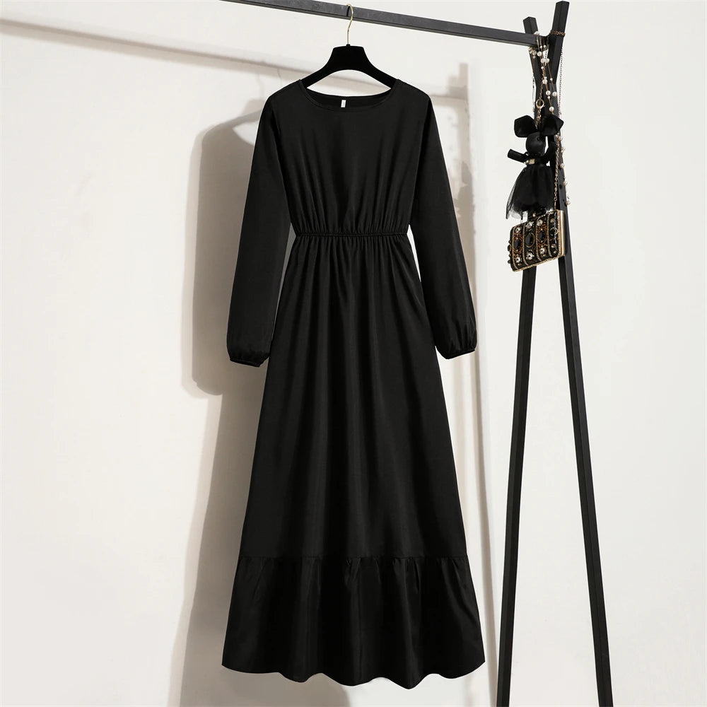 Women's Solid Chiffon Muslim Maxi Dress | Long-Sleeve Casual Loose Fit A-Line Dress | Full-Sleeve O-Neck Spring Autumn Ankle-Length Robe Luxegan