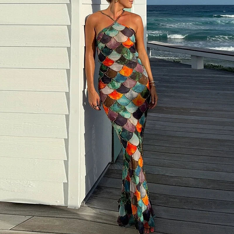 Women's Sexy Color Block Halter Evening Dress | Elegant Backless Full-Length Party Gown | Fashionable Slim Geometric Pattern Dress | Premium Tatting Slight Stretch A-Line Luxegan