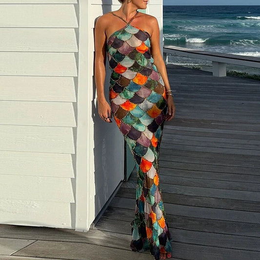 Women's Sexy Color Block Halter Evening Dress | Elegant Backless Full-Length Party Gown | Fashionable Slim Geometric Pattern Dress | Premium Tatting Slight Stretch A-Line Luxegan
