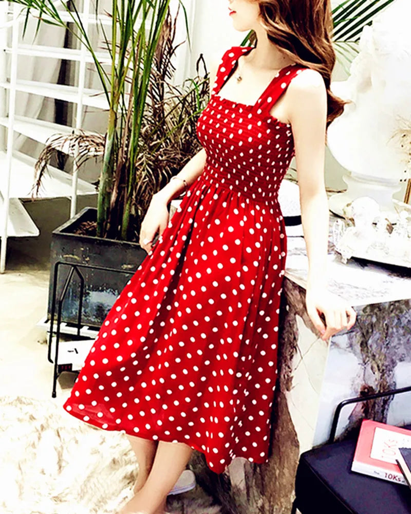 Summer Befree Beach Vintage Dot Camisole Dress | Elegant Ruffle Mid-Calf Maxi Dress | Sexy Strapless Cotton Blend Fit & Flare Vestidos | Casual High-Stretch Plus Size Dress Up to 5XL Luxegan