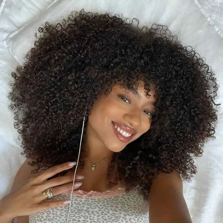 250% Density Afro Curly Short Bob Human Hair Wig with Bangs - Full Machine-Made Glueless Sparkle Curl Wig - 100% Brazilian Remy Human Hair Wear-and-Go Afro Fringe Wig for Black Women Luxegan