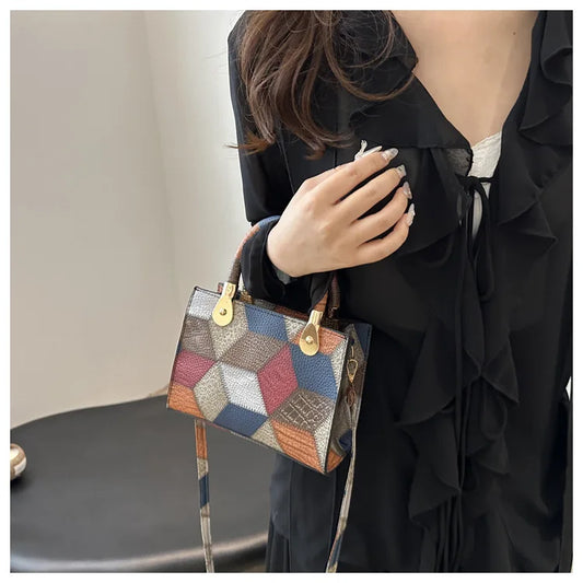 Fashion Patchwork PU Leather Top-Handle Bag | Trendy Square Design Ladies Handbag | Casual Daily Crossbody Shoulder Bag | Designer Applique Satchel for Women (Model E553) Luxegan