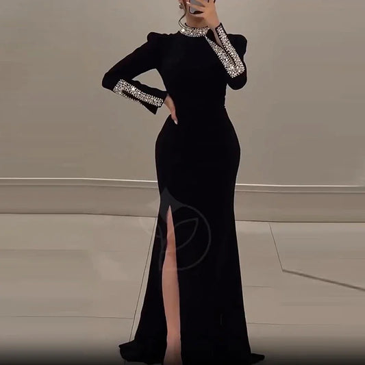 Women's Elegant Solid High Slit Party Dress | Rhinestone Turtleneck Long Sleeve Evening Gala Gown | Slim Fit Sheath Banquet Dress | Premium Tatting Slight Stretch Floor-Length Luxegan