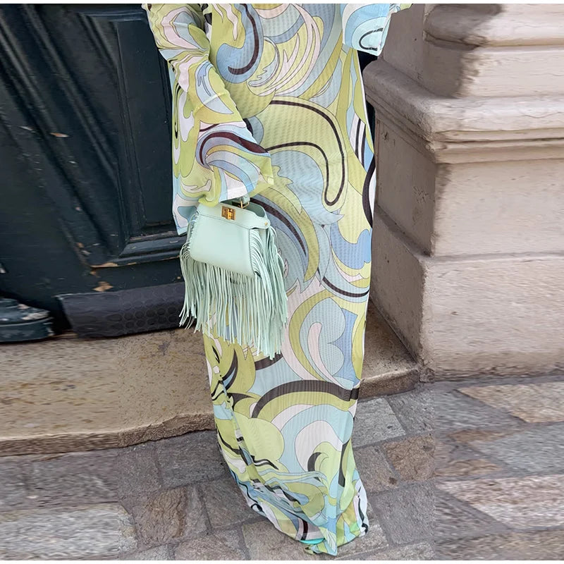 Print Round Neck Long Flared Sleeve Backless Slim Fit Trumpet/Mermaid Ankle-Length Dress – Empire Waist, Spring/Summer Luxegan